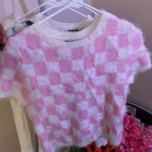 fluffy pink checker top
